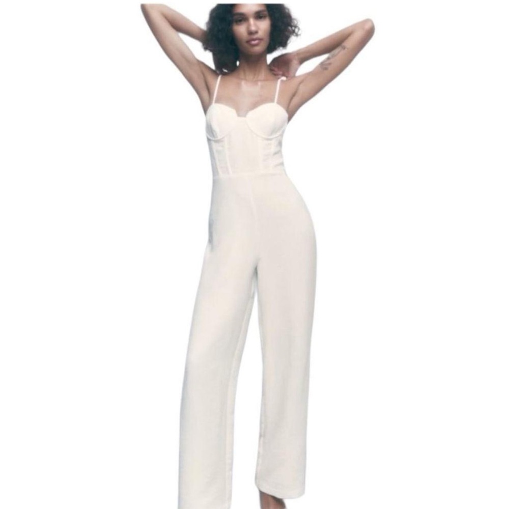 Zara NWT bridal white corset wide leg jumpsuit
